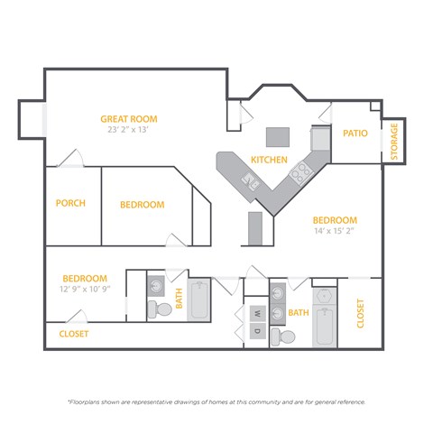 A floor plan of a house with a great room, two bedrooms, a patio, and a closet.