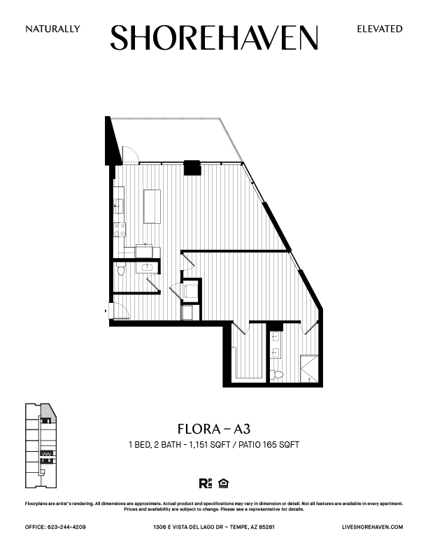 A black and white image of a floor plan for a property named Shorehaven.