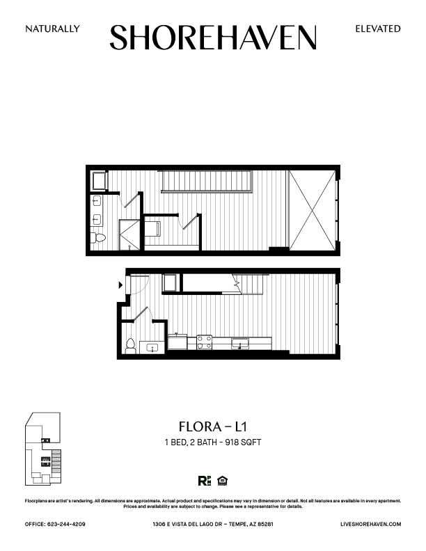 A black and white image of a floor plan for a 1 bedroom, 2 bathroom apartment.