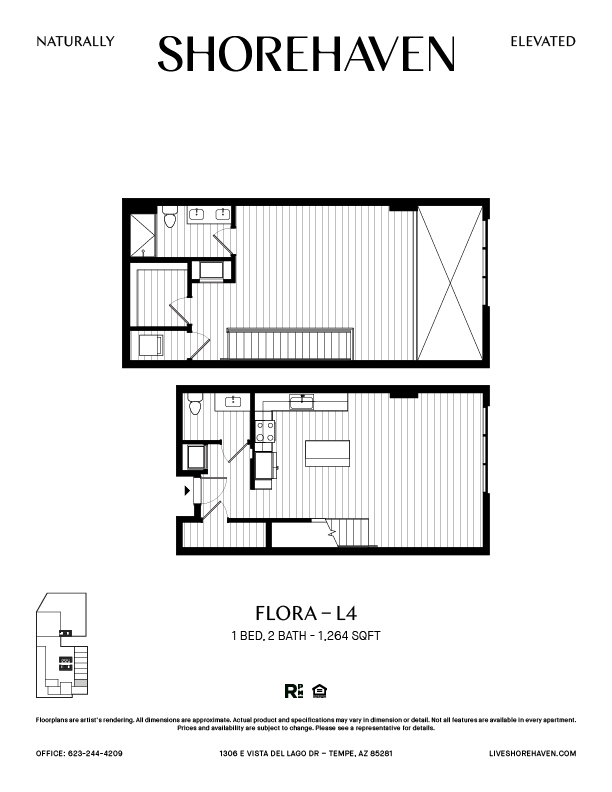 A black and white image of a floor plan for a 1 bedroom, 2 bathroom apartment.