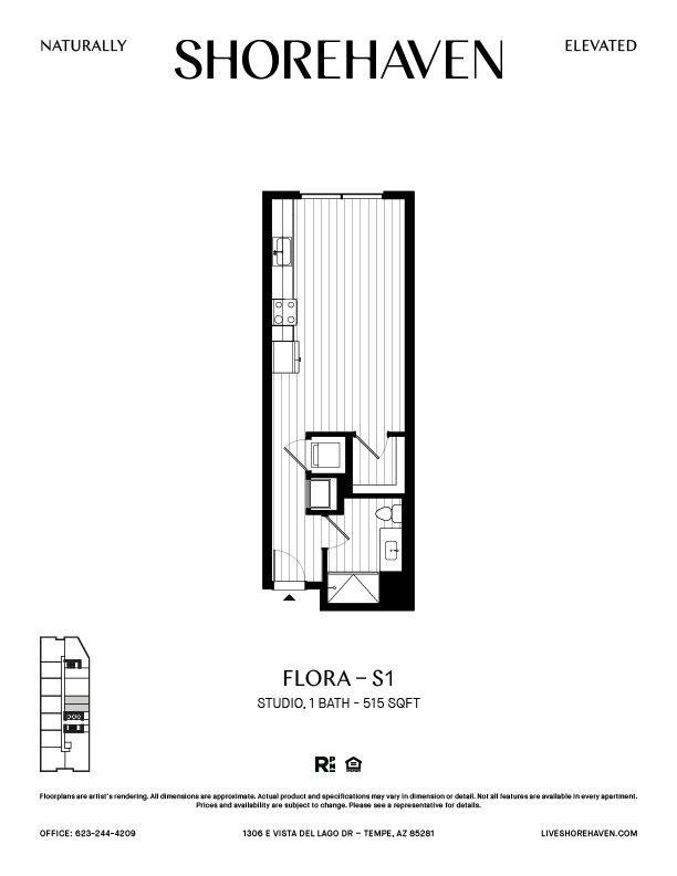 A black and white image of a floor plan for a studio apartment.