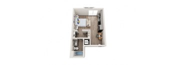A floor plan of a small apartment with a bedroom, living room, and kitchen.