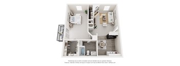 A 3D floor plan of a small apartment with a kitchen, living room, and bedroom.