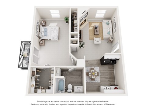 A 3D floor plan of a small apartment with a kitchen, living room, and bedroom.