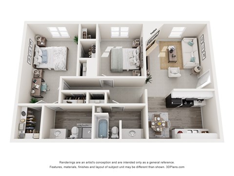 A 3D floor plan of a small apartment with a kitchen, living room, and bathroom.