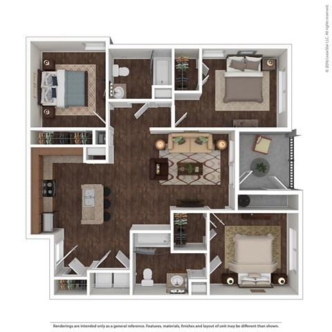 A floor plan of a house with a living room, kitchen, and two bedrooms.