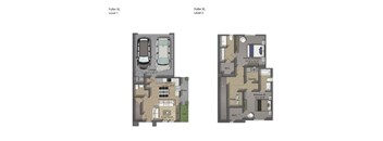 A floor plan of a Fuller XL Level 1 and Level 2 layout.