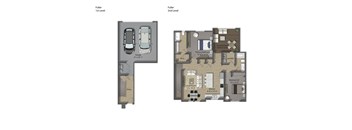 A floor plan shows a two-level apartment with a garage on the first level and a living area on the second level.