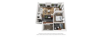 a stylized floor plan with a bedroom and a living room