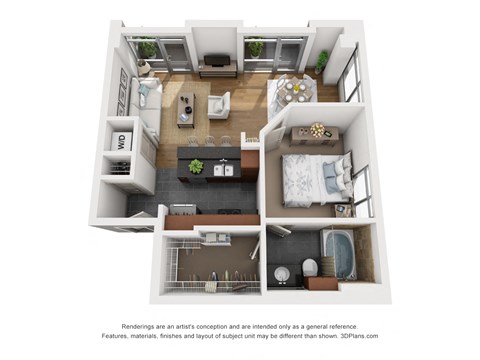 a stylized floor plan with a bedroom and a living room