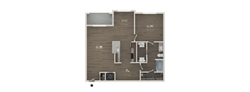 A floor plan of a house with a kitchen, living room, and bathroom.