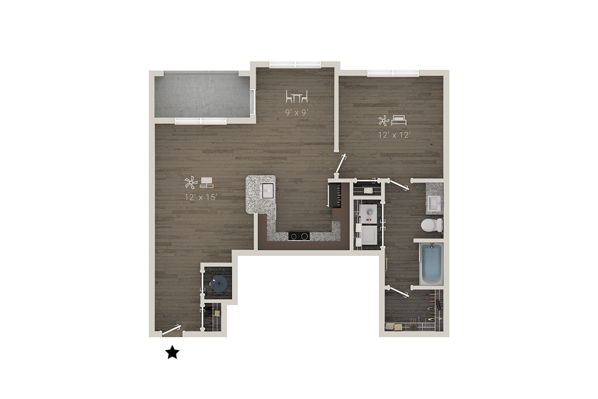 A floor plan of a house with a kitchen, living room, and bathroom.