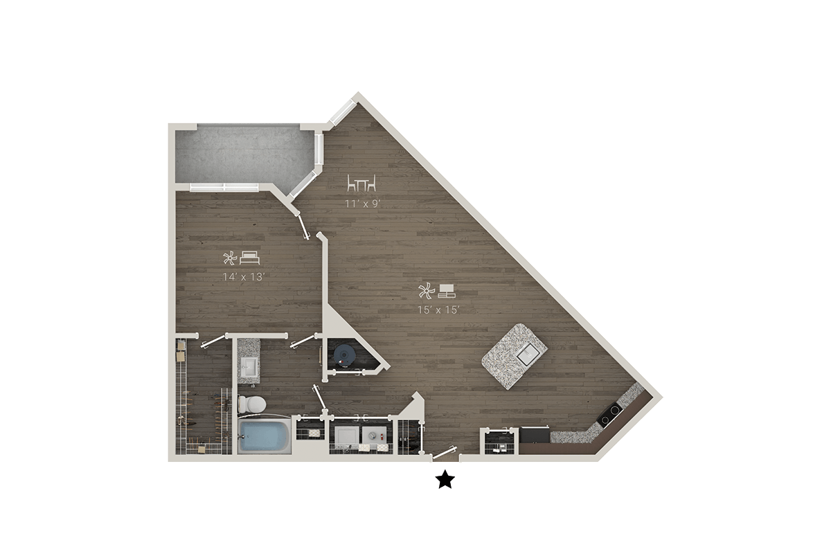 A floor plan of a house with a kitchen, living room, and two bedrooms.