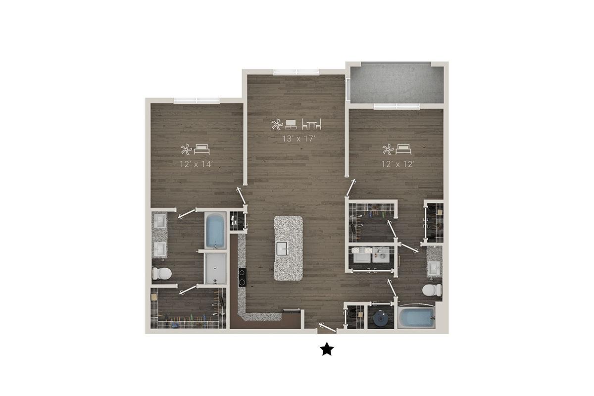 A floor plan of a house with a kitchen, living room, dining room, and bathroom.