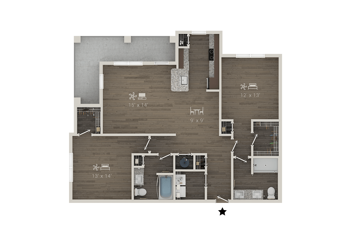A floor plan of a house with a kitchen, living room, and two bedrooms.