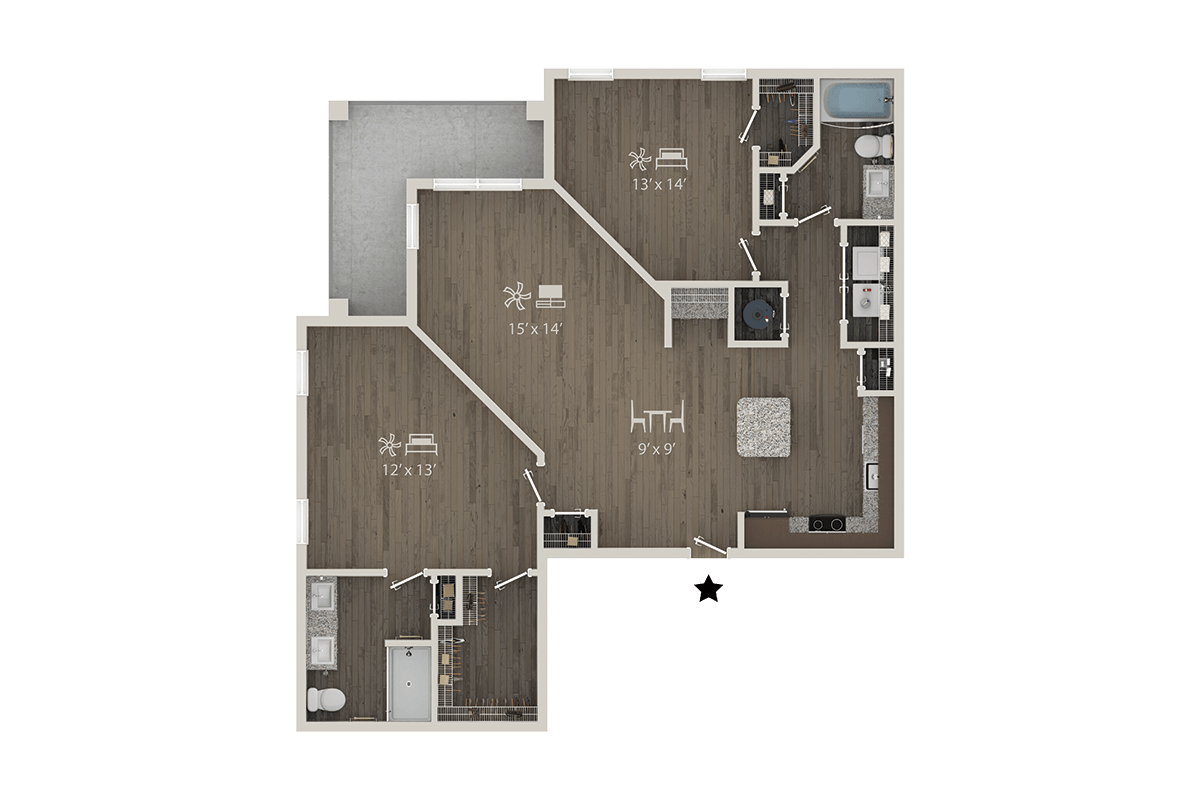 A floor plan of a house with a kitchen, living room, and two bedrooms.