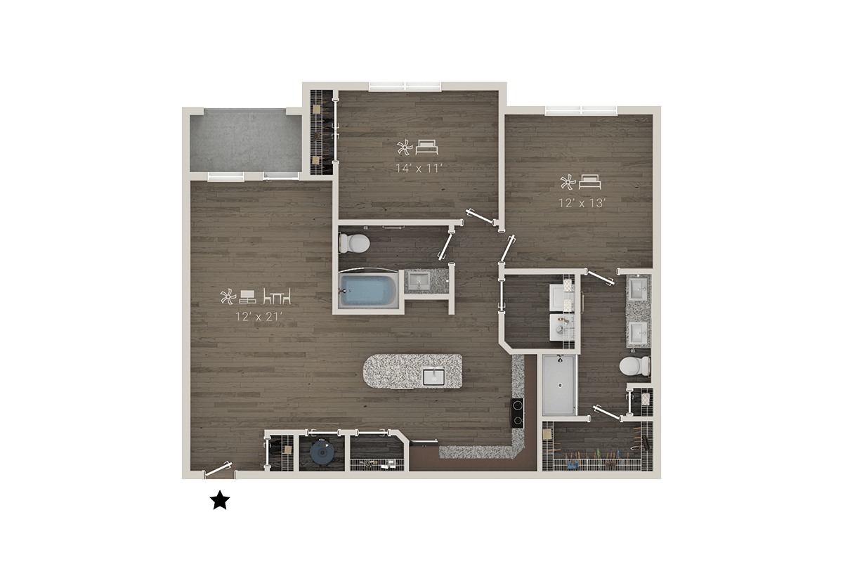A floor plan of a house with a kitchen, living room, and two bedrooms.