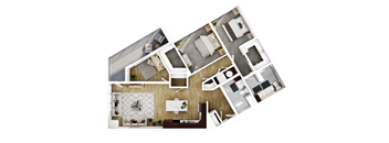 A top-down view of a house layout with a living room, kitchen, and two bedrooms.