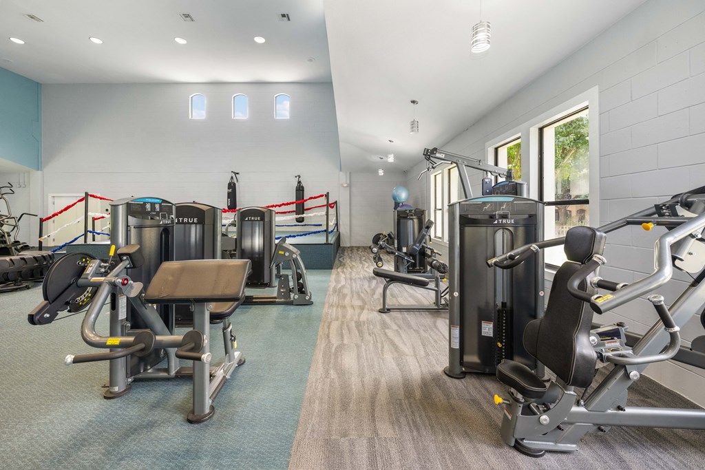 a gym with cardio equipment and weights in a building