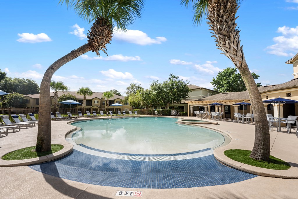 a swimming pool with palm trees and chairs around it