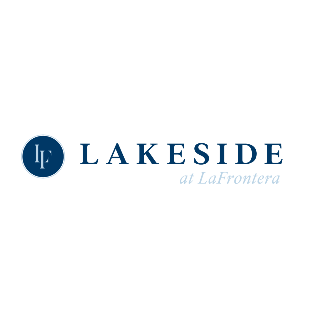 A logo with the text "Lakeside at LaFrontera" in blue on a black background.