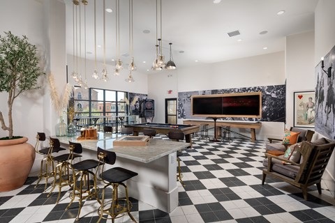 A black and white checkered floor in a modern room.