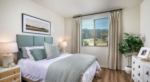 A bedroom with a large bed, a nightstand with a lamp, and a plant on the dresser.