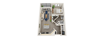 A top-down view of a small apartment with a bedroom, living room, and kitchen.