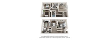 a stylized view of a 2 bedroom floor plan with a bathroom and a kitchen