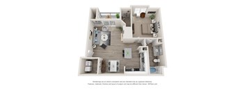 a stylized floor plan with a bedroom and a living room