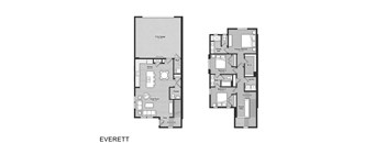 A floor plan of an apartment named Everett showing two bedrooms, a living room, a kitchen, a bathroom, and a garage.