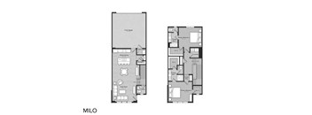 A floor plan of a two-bedroom apartment with a kitchen and living room.