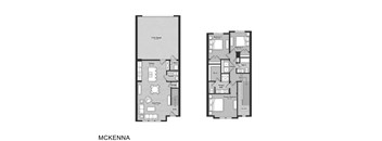 A floor plan of a house named MCKENNA is shown with two bedrooms, a bathroom, a powder room, a storage space, a great room with a kitchen and a dining table, and an entry.
