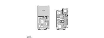 A floor plan of a two-bedroom apartment with a kitchen, living room, and bathroom.