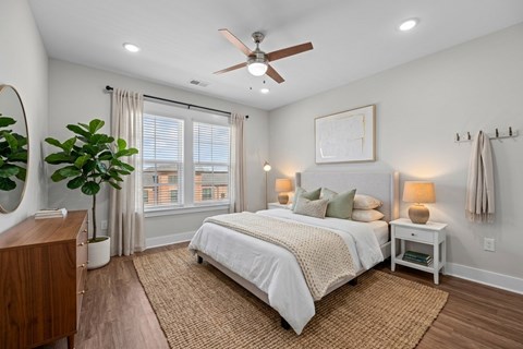 A bedroom with a bed, nightstand, and a plant.
