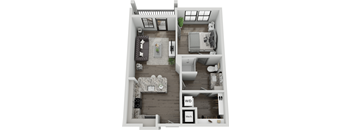 A top-down view of a modern apartment layout with a living room, kitchen, and bedroom.