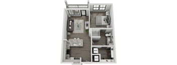 A top-down view of a modern apartment with a living room, kitchen, and bedroom.