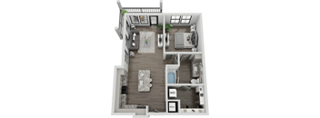 A top-down view of a modern apartment with a living room, dining area, kitchen, and bathroom.