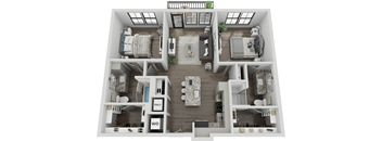 A top-down view of a modern apartment layout with labeled rooms.