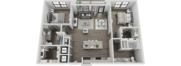 A top-down view of a modern apartment layout with a living room, kitchen, and two bedrooms.