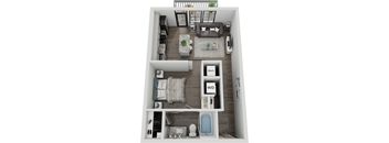 A top-down view of a small apartment with a living room, kitchen, and bathroom.