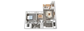 A 3D floor plan of a small apartment with a kitchen, living room, and bathroom.