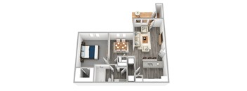 A 3D floor plan of a small apartment with a kitchen, living room, and bedroom.