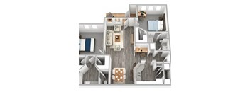 A 3D floor plan of a house with a kitchen, living room, and staircase.