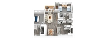 A 3D floor plan of a house with a kitchen, living room, and two bedrooms.