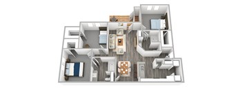 A 3D floor plan of a house with multiple rooms and furniture.