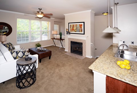 A living room with a fireplace and a kitchen area.