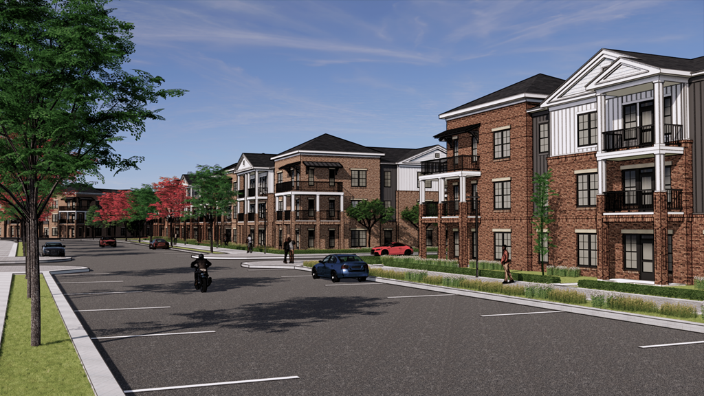 a rendering of a city street with brick buildings     and a motorcycle