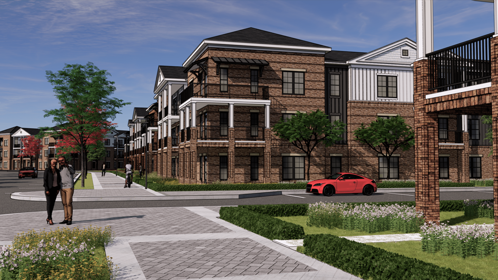 a rendering of an apartment building with a red car on the street