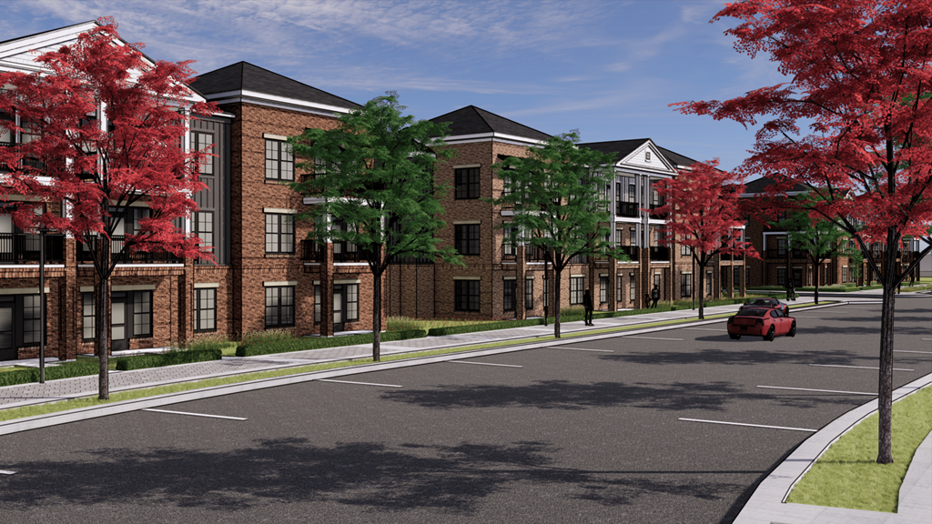 a rendering of a new apartment building on a city street